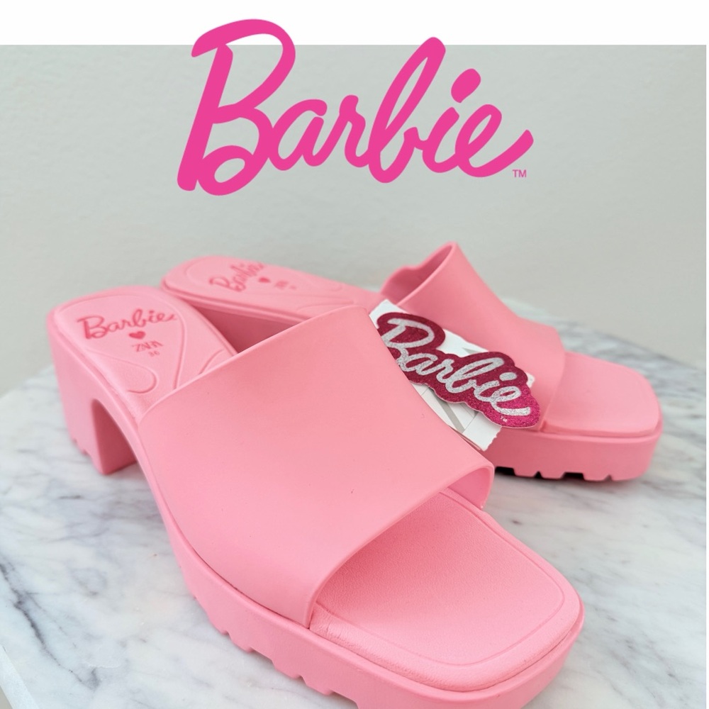 🎀 Barbie x ZARA Pink Rubber Slides Heeled Sandals 6 36 - Picture 1 of 10